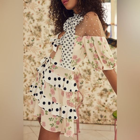FOR LOVE & LEMONS Butterscotch Tiered Mini Dress In Floral Polka Print m - Picture 3 of 14